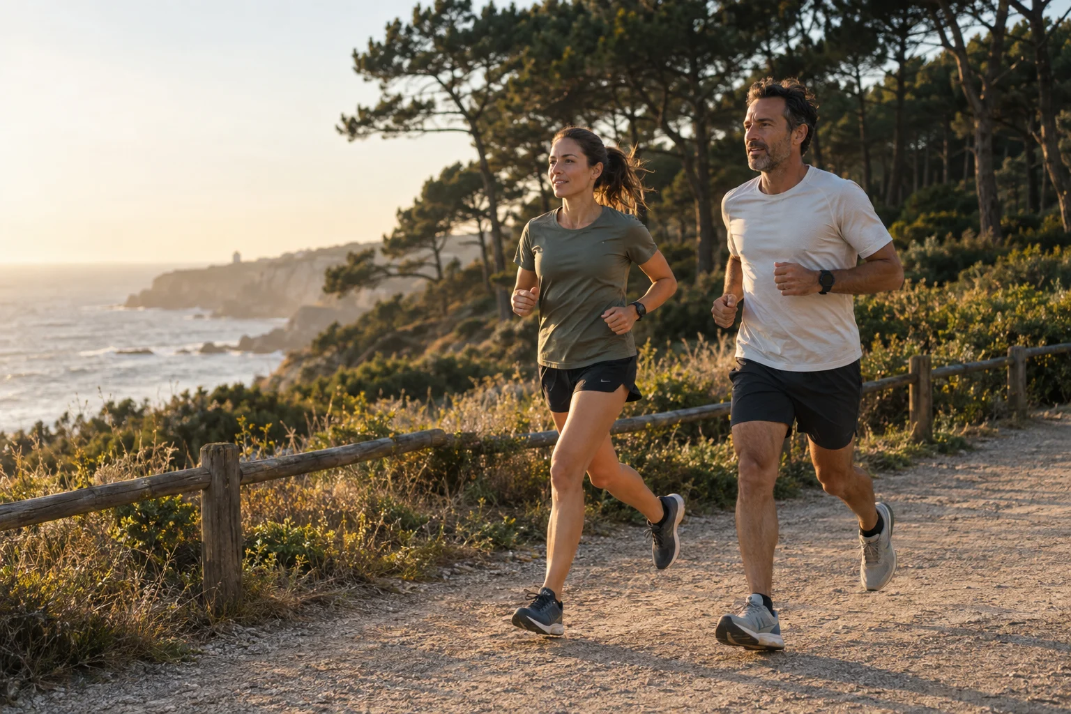 A woman and a man running along a coastal path in the morning sun.